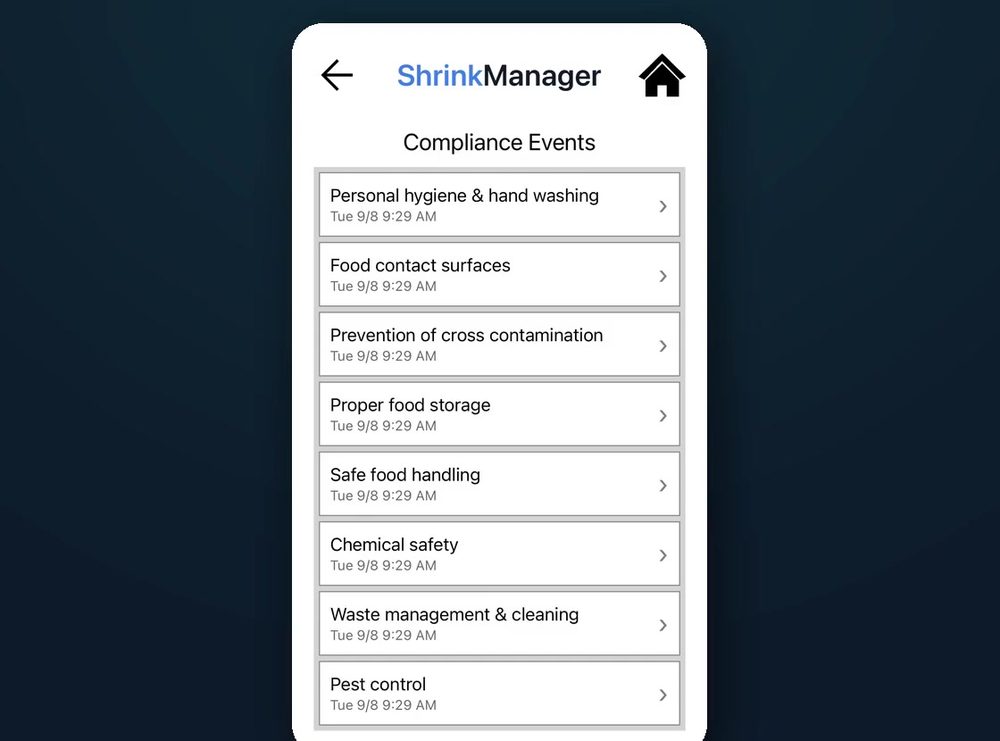 Shrink Manager on a phone listing the compliance checks a shift requires