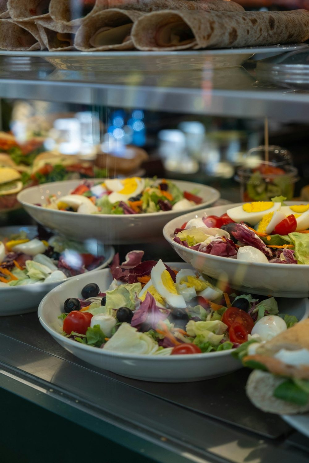 Fresh salads in a display case